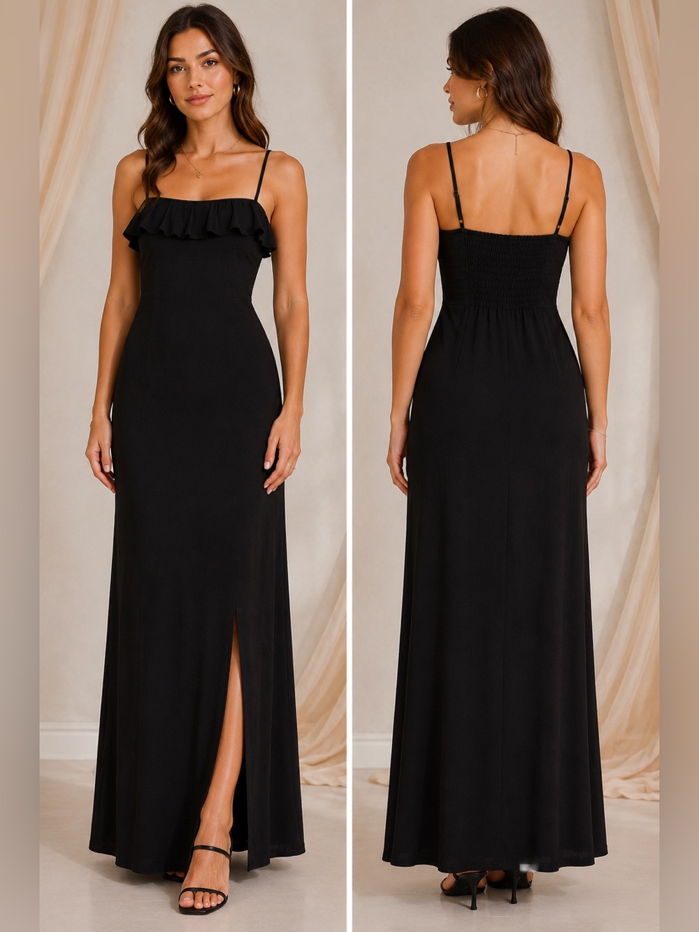 Amagyaa Black Ruffle Maxi Dress Front Slit NWT size small